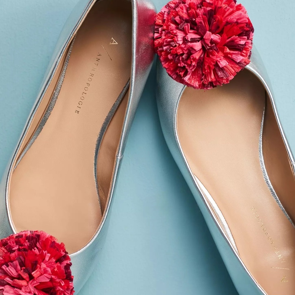 Anthropology silver balet flats with rafia pom